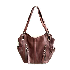 B. Makowsky Alice Tote Shoulder Bag Burgundy Glove Leather Pockets Large Handbag